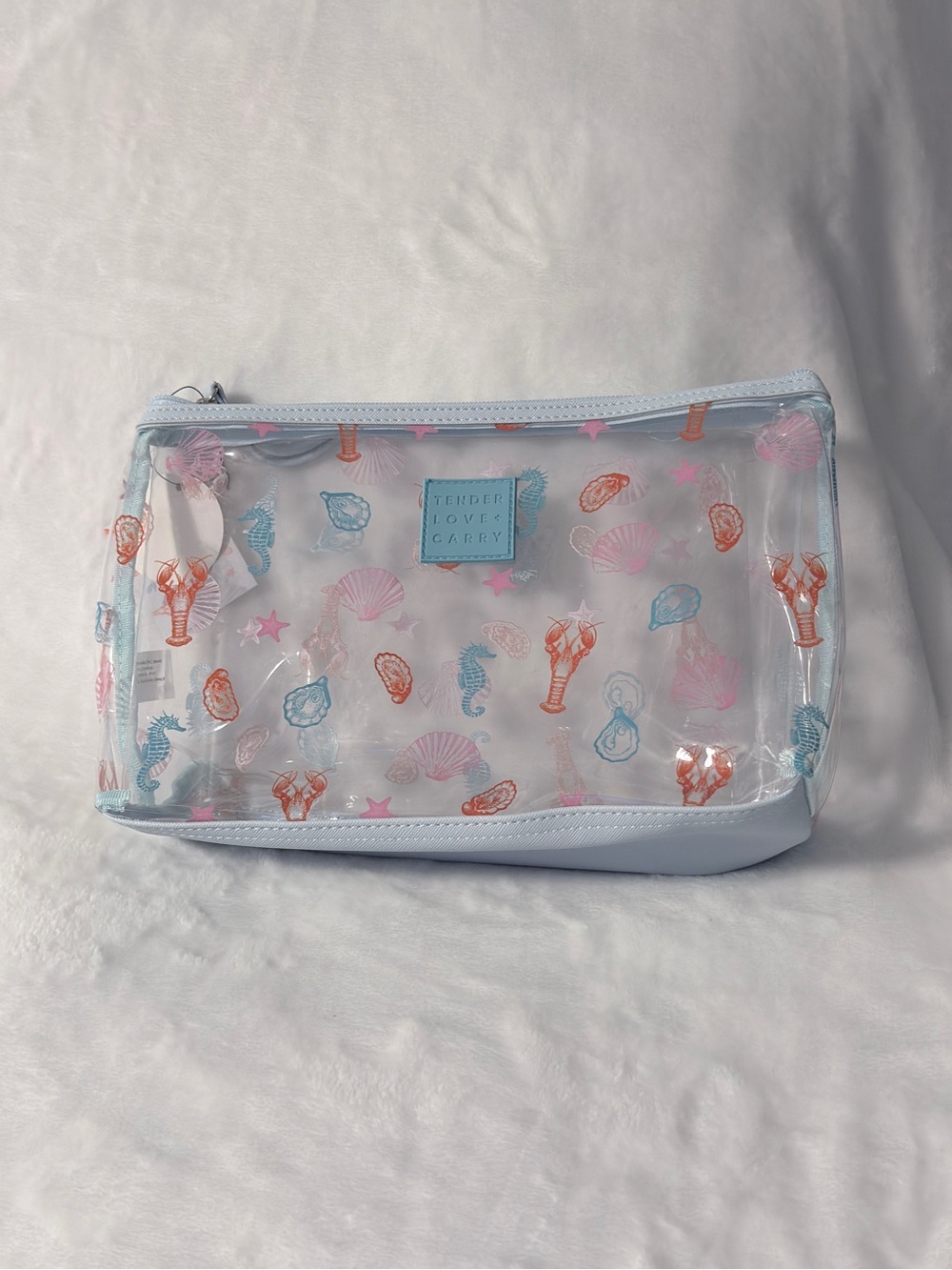 Clear Beach Cosmetic Bag with Sea Motif - Light Blue Trim